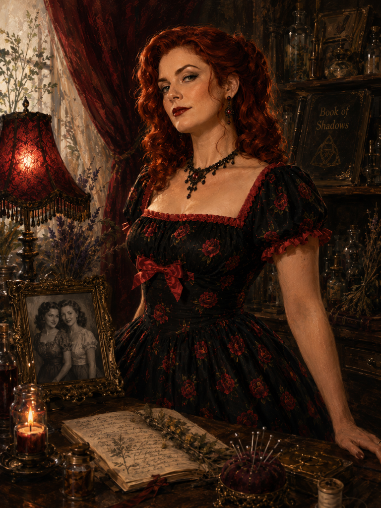 An AI generated image of a 1950s woman in a black dress with red roses. 