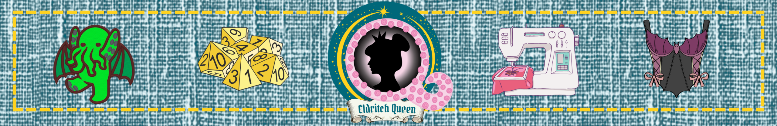 Logo for Eldritch Queen with a sewing machine, dice set, corset, and embroidery Cthulhu